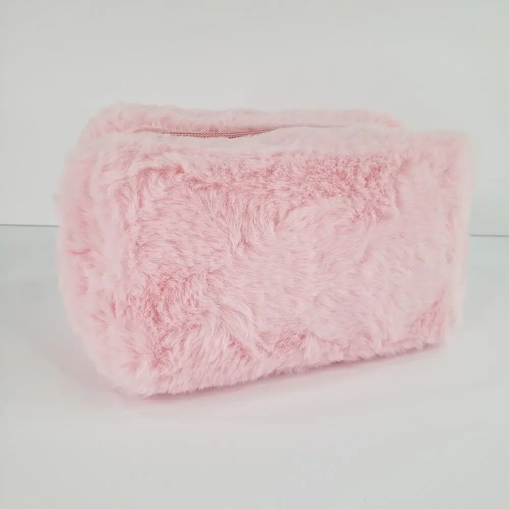 Pink Faux Fur Cosmetic Makeup Bag Pouch Furry Soft Sided with Zipper Closure